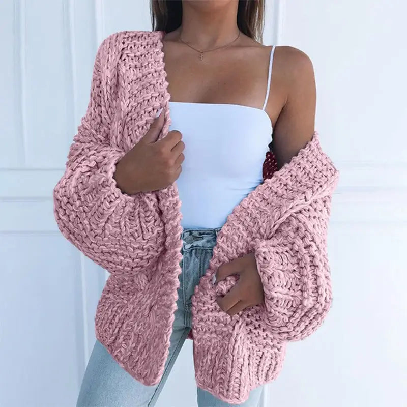 Luxivint kadın giyim kalın yün hırka tek parça set - Pink / 3XL - Hırka